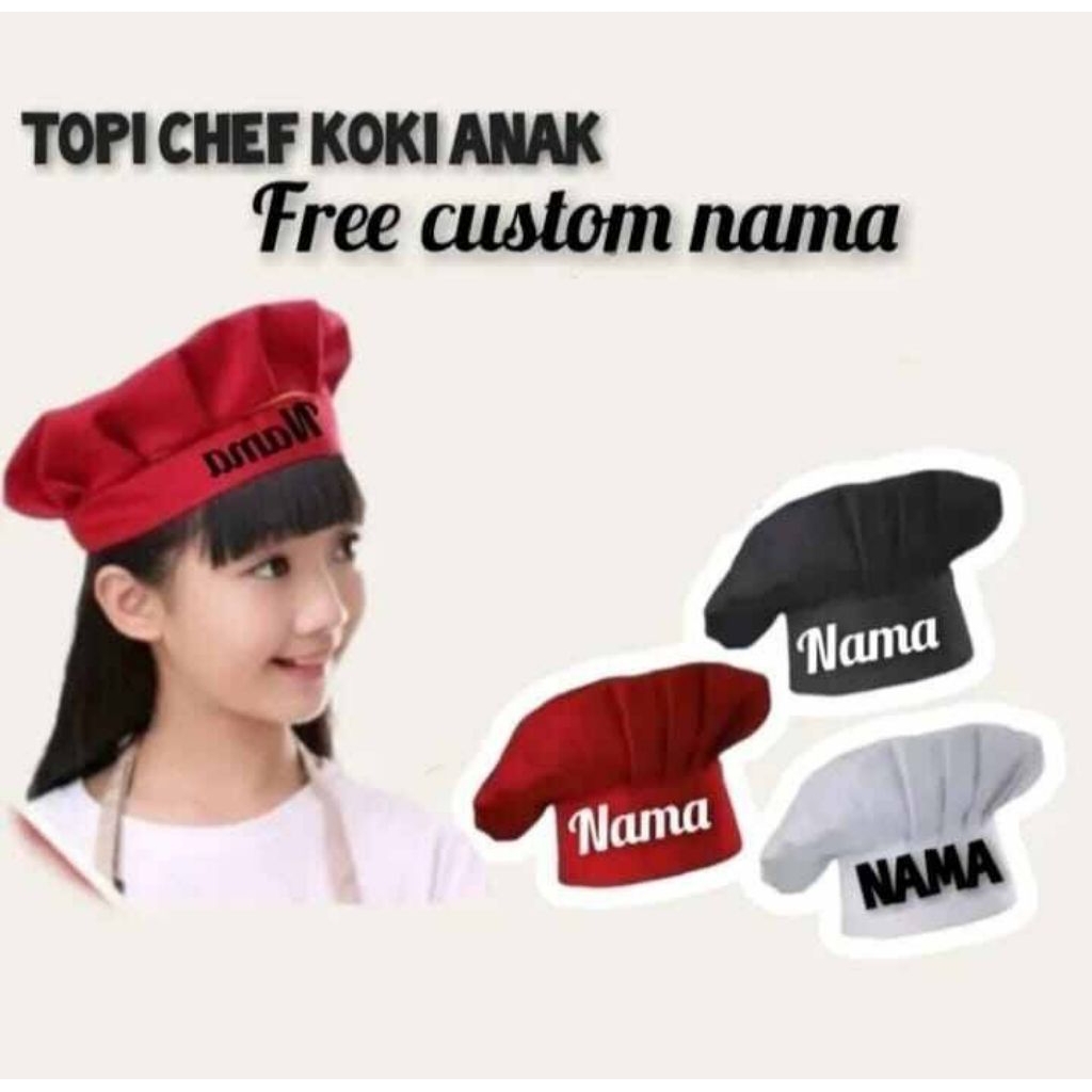TOPI CHEF ANAK FREE BORDIR NAMA TOPI KOKI ANAK TK SD