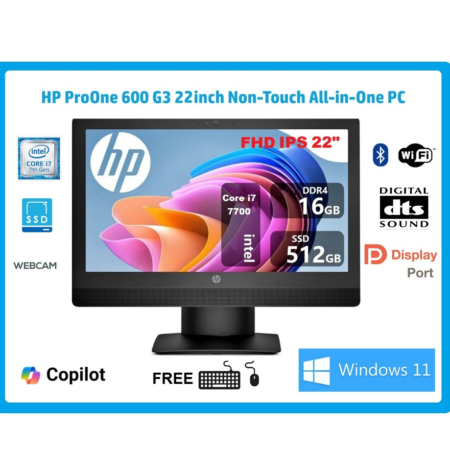 HP ProOne 600 G3 All-In-One PC HP AIO Core i7 Gen 7 RAM 32GB SSD 1TB WIFI Bluetooth IPS 22" Win11