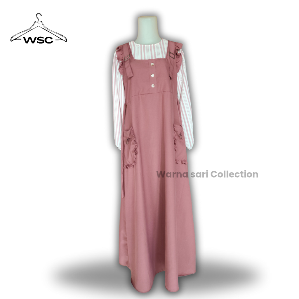 WSC - Gamis Wanita Overall Layer Look Motif Garis Inner Warna Pink Bahan Crinkle Premium