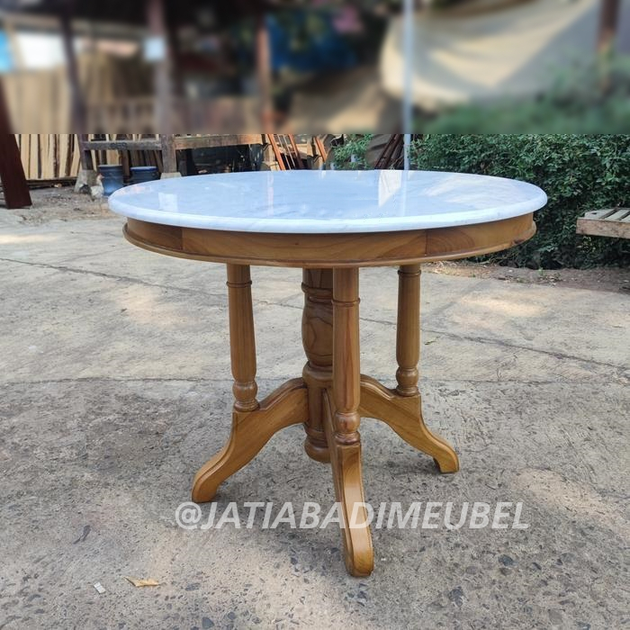 Meja Makan Bundar Bulat Marmer Klasik Kayu Jati, Meja Tamu Teras Bundar Bulat Marmer Jati