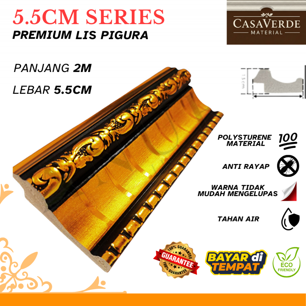 CasaVerde Material Bingkai Lis Pigura / Lis Plafon PVC/ Lis Profil / Lis tembok PVC 5.5CM Ukuran  : 