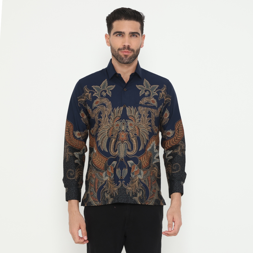 Kemeja Batik Pria Navy Blue Gold Series Regular Casual Kerja Kantor LUIGI RICCIO