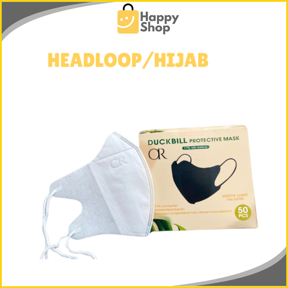 1BOX (50 PCS) Masker HIJAB Duckbill Orlee 3-Ply / Masker Duckbill DB Box HEADLOOP Cantol Hitam Putih