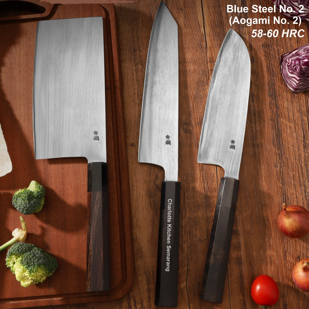 Pisau Daging Cleaver Knife Set Chef's Blade Bahan Blue Steel (Aogami No.2) 58-60 HRC Handle Wenge Wo