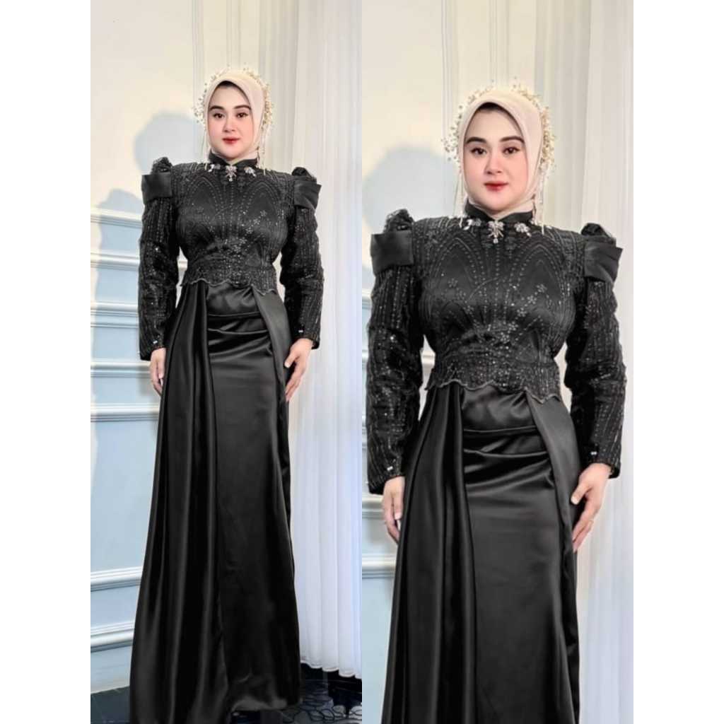 gamis simple elegan Gaun Pesta Brokat Payet Mewah Lengan Panjang  Dress Muslimah Elegan