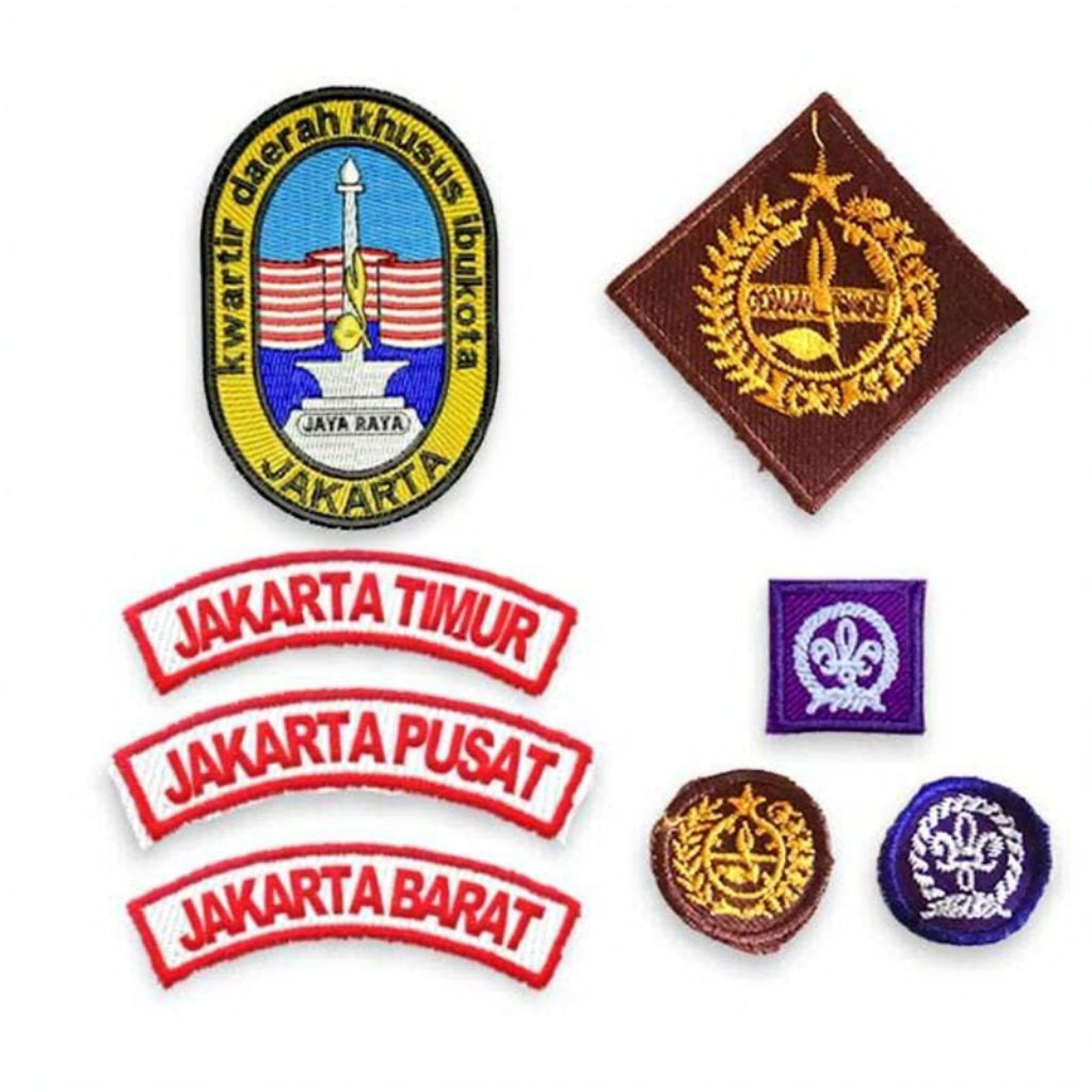 PROMO BADGE BET BORDIR 1 SET (4 macam) ATRIBUT PRAMUKA LENGKAP PUTRA / PUTRI KWARDA DKI JAKARTA (kwa