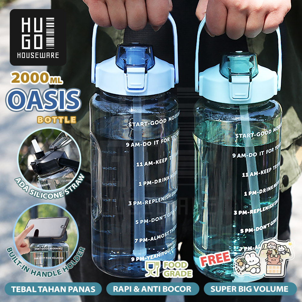 HugoHouseware Botol Minum Motivasi 2 Liter Bening BPA FREE Gratis Stiker
