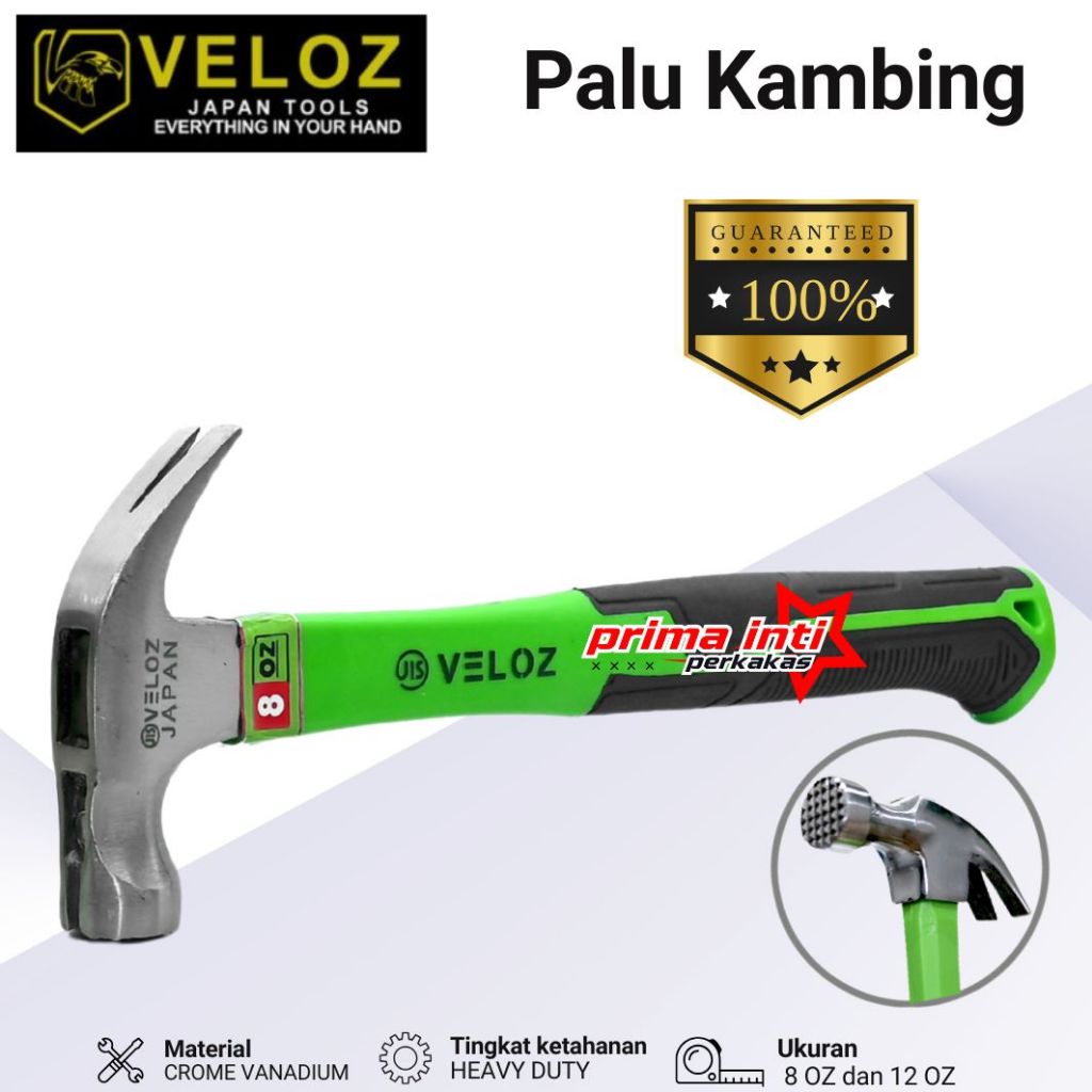 Veloz Japan Palu Kambing Gerigi Gagang Fiber Berbagai Ukuran 8oz 12oz Martil Cungkil Paku