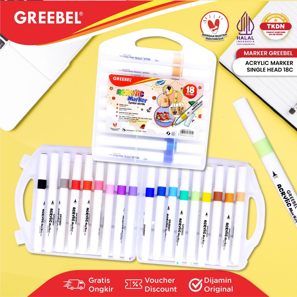 GREEBEL Spidol Warna Warni 1 Set / Spidol Marker Acrylic Single Head (18 Warna) / Spidol Warna / Ske