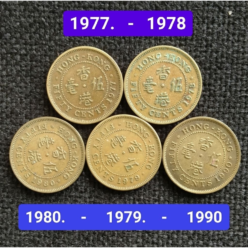 Set tahun Koin Kuno Hongkong 50 Cents 5 keping