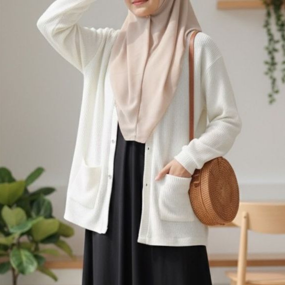 Elmina Raina Cardigan Outer Rajut Long Terbaru 2025 Simple Minimalis Putih Broken White Black Hitam 