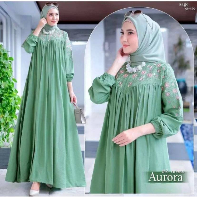 Gamis Aurora Bordir Bahan Crinkle Airflow Gamis Aurora Muslimah Mewah Gamis Aurora Cantik