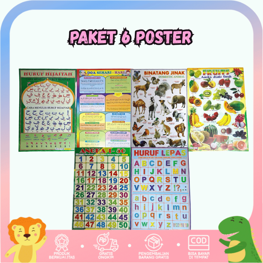 Paket Poster Anak Edukasi Isi 6 Pcs Belajar Doa, Gambar Buah, Hijaiyah, Angka, dan Hewan Random