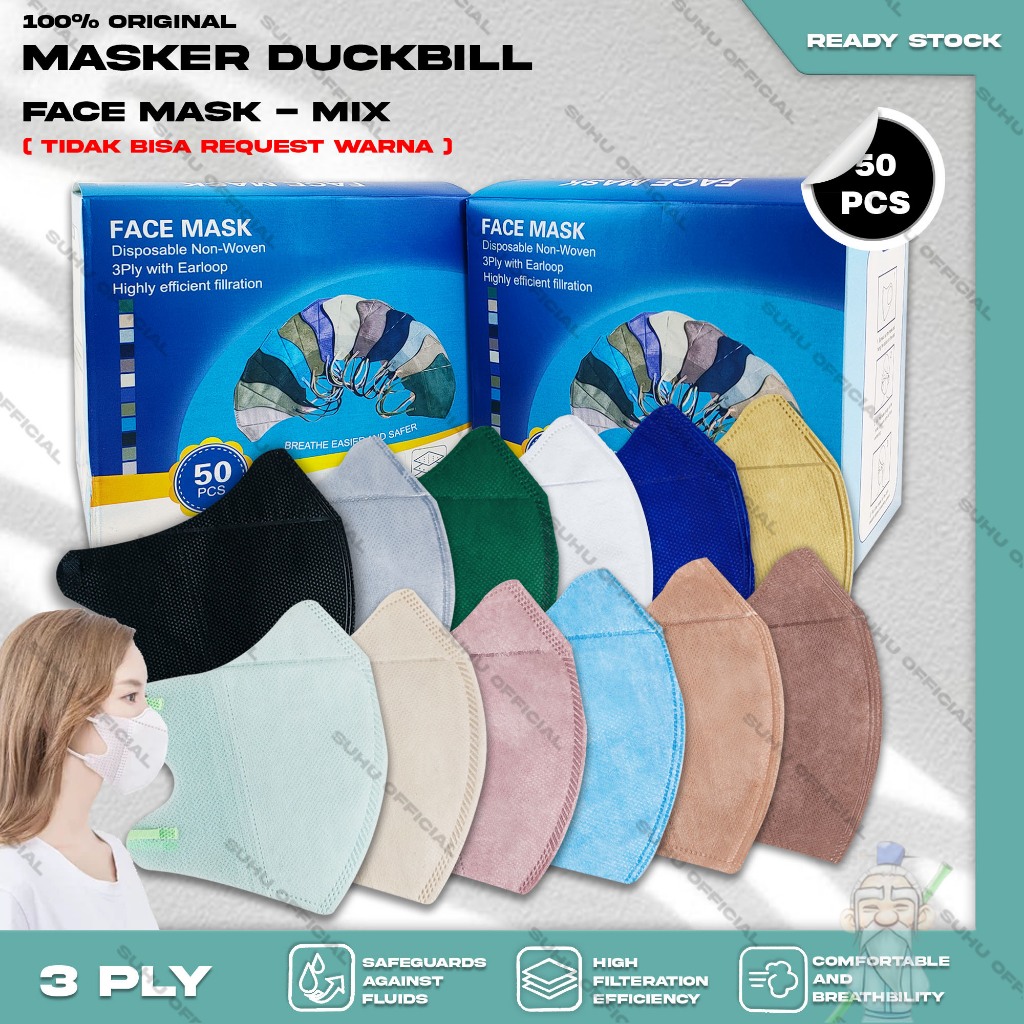 Masker Duckbil FACEMASK 3Ply isi 50Pcs Warna Mix Soft Nude Duckbill 3 Ply Earloop Surgical Mask Keme