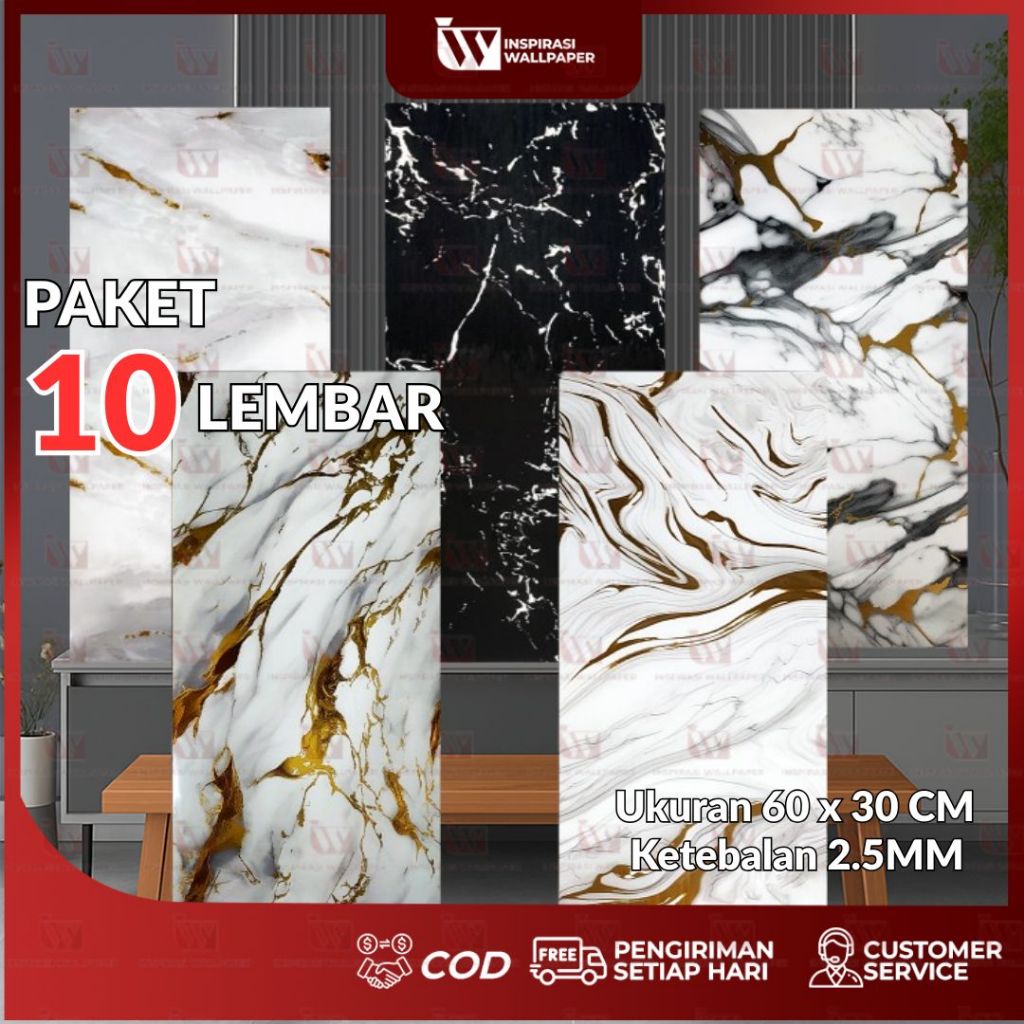 PAKET 10 LEMBAR 30x60 cm Wallpaper Dinding Vinyl Marmer Granit Keramik 3D Tebal 3MM - Paket Wallpape