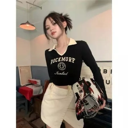 Kaos Longsleeve SERUT ROCKMORF Knit Rib -02 Crop Top Rib serut Wanita