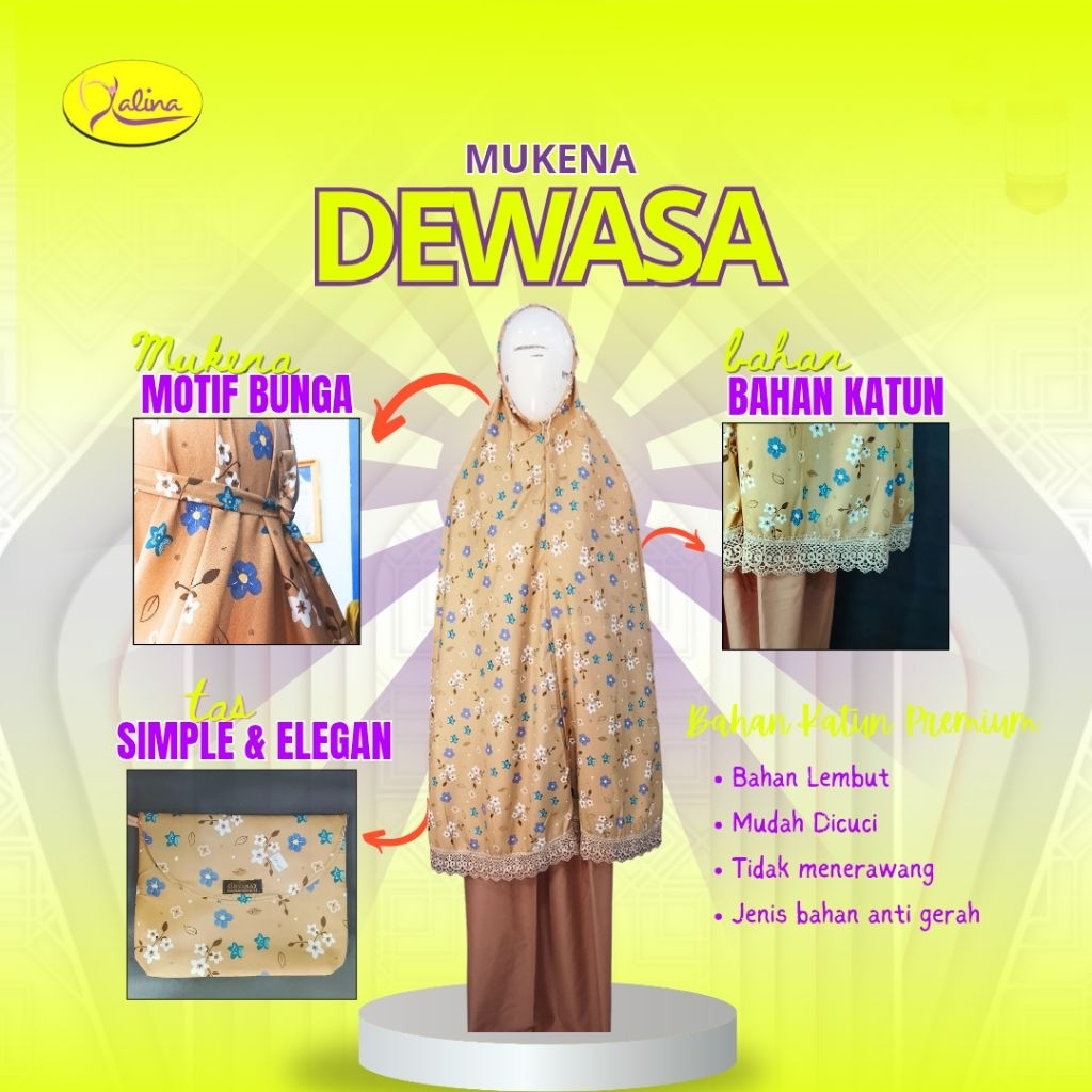 Mukena Dewasa Irvana Katun Premium Motif Bunga + Tas Simple Elegan