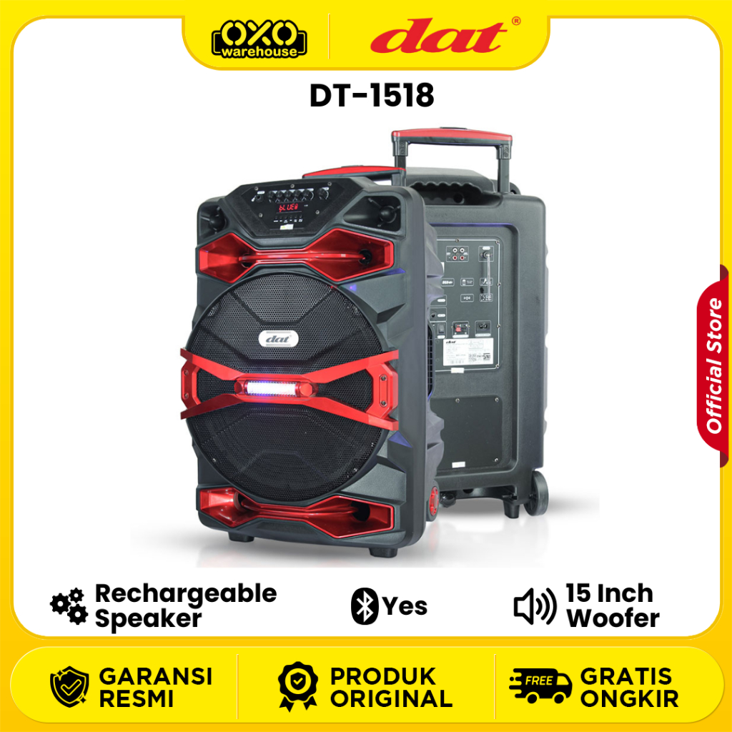 DAT Trolley Speaker DT-1518 – 15 Inch Woofer Mic Bluetooth Low Watt Garansi Resmi