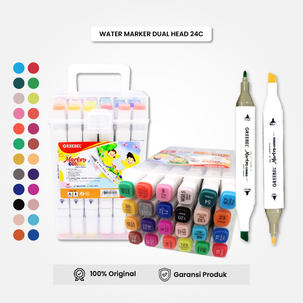 

Spidol Warna Warni 1 Set 24 Warna / Greebel Water Marker Dual Head 24 Warna / Spidol Set Sketch Marker Drawing Pen