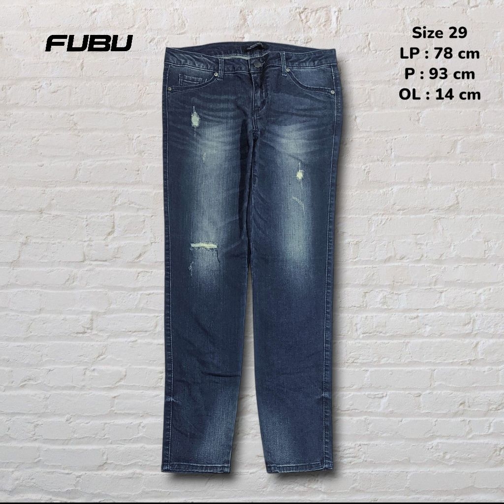 Size 29 Celana Panjang Jeans Fubu Blue Indigo Washed Fading Ripped Skinny fit Original Second Prelov