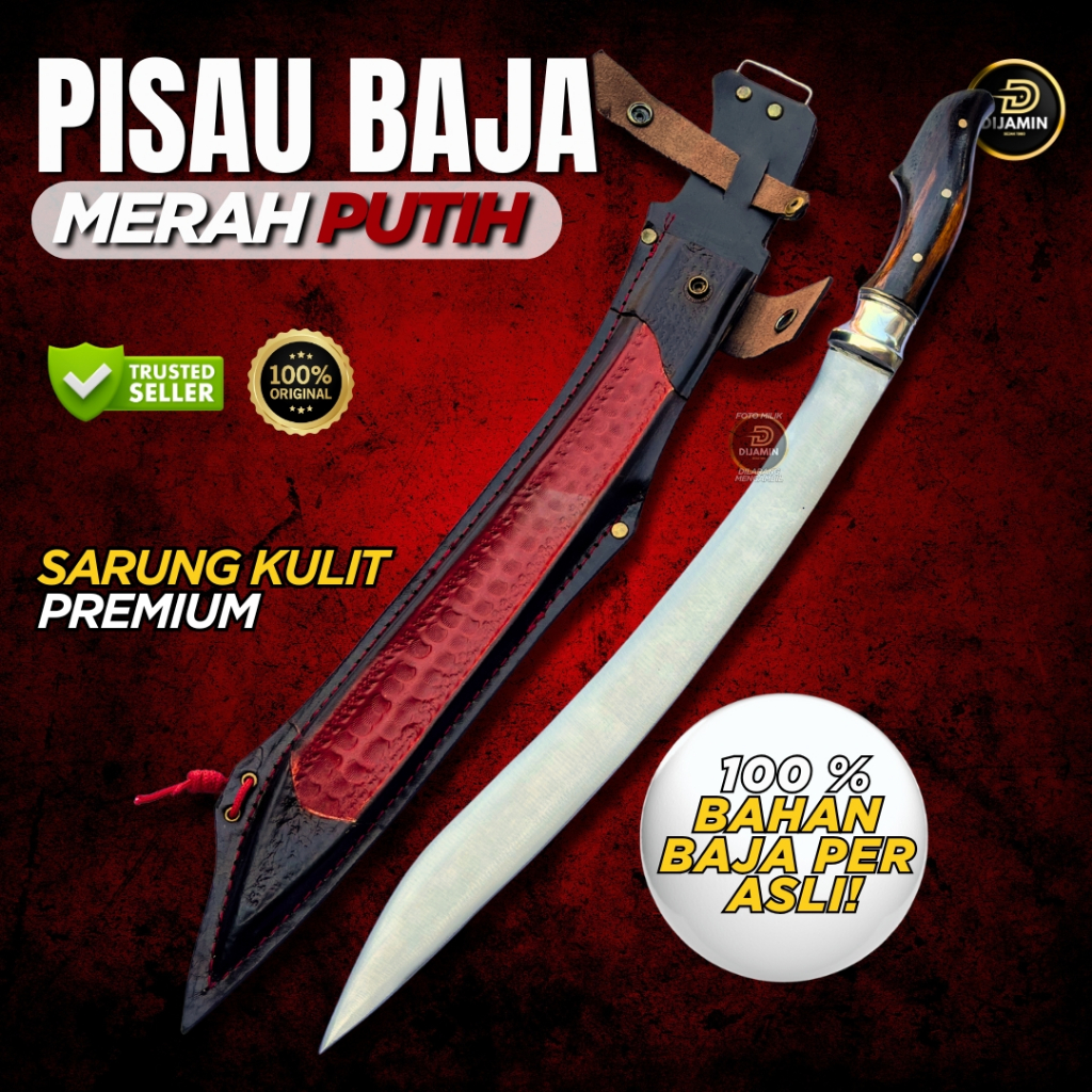 PD DIJAMIN Pisau Kebun Merah Putih / Pisau Kebun Baja Per Asli Original Sarung Kulit Merah 40cm
