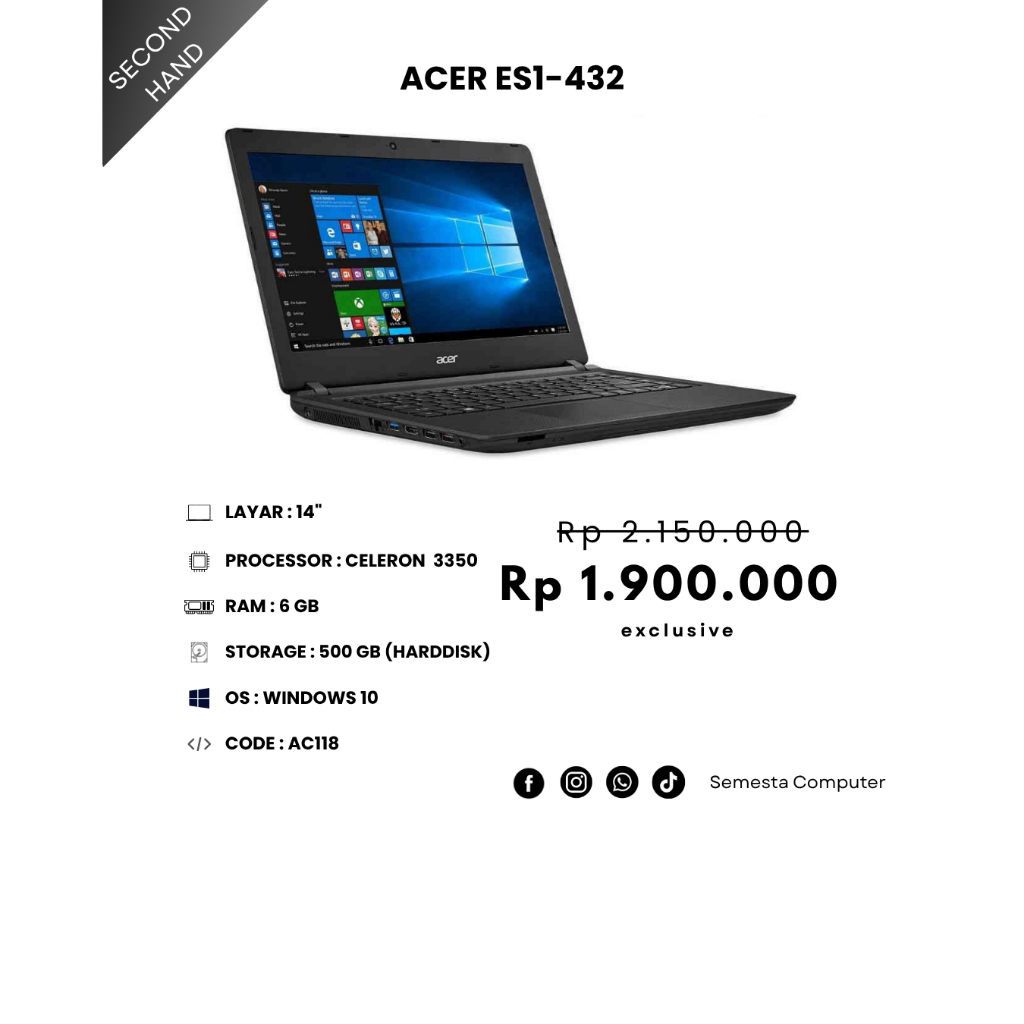 ACER EASPIRE ES1 CELERON RAM 6GB HDD 500GB TERMURAH