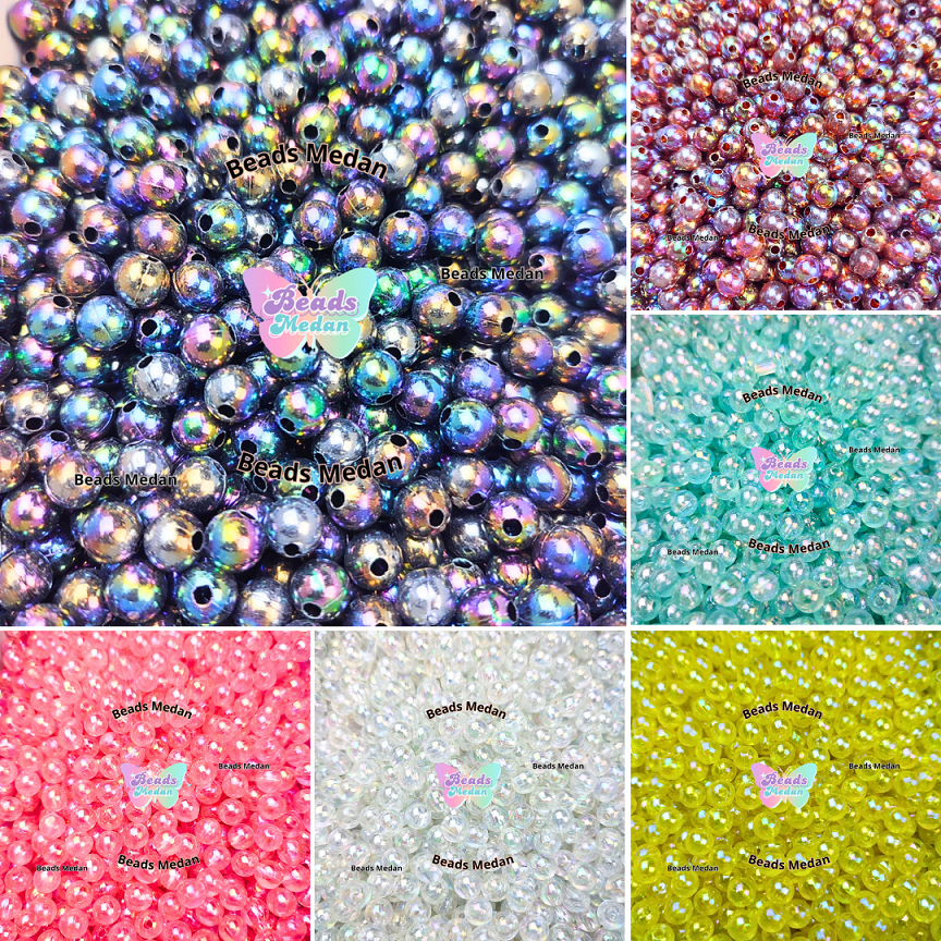 (20 gr) Mote Premium Akrilik Bulat 6mm Pelangi AB / Mote Akrilik Bulat / Mote Bulat 6mm 8mm / Mote M