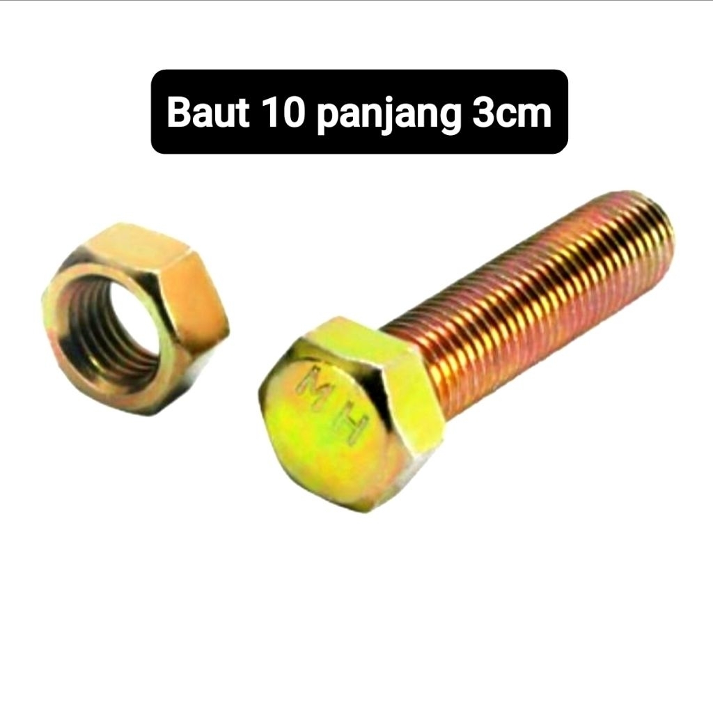 Baut Kunci 10 Panjang 3CM / Baut Mur Kuning Panjang 3CM Kunci 10 - Baut 10