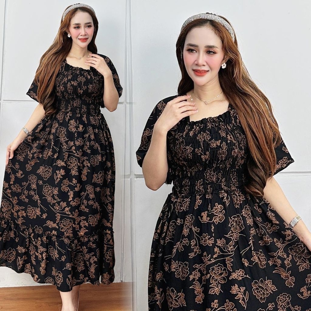 ANDINI DRESS SMOK JUMBO LD 110 LENGAN TUMPUK RAYON PREMIUM MODEL TERBARU / DASTER SMOK RAYON POLOS /