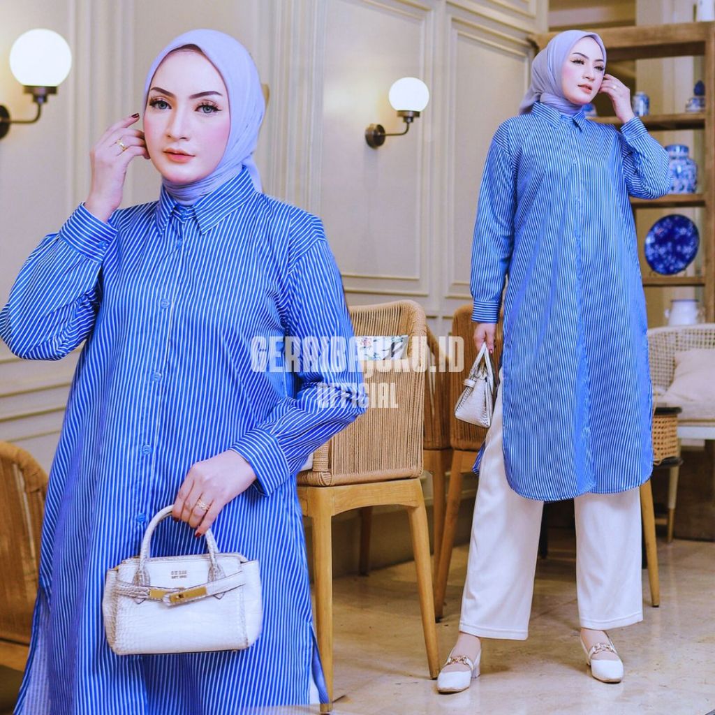 Poply Long Tunik Strip |  Atasan Tunik Panjang Muslim  Remaja Wanita Katun Motif Salur