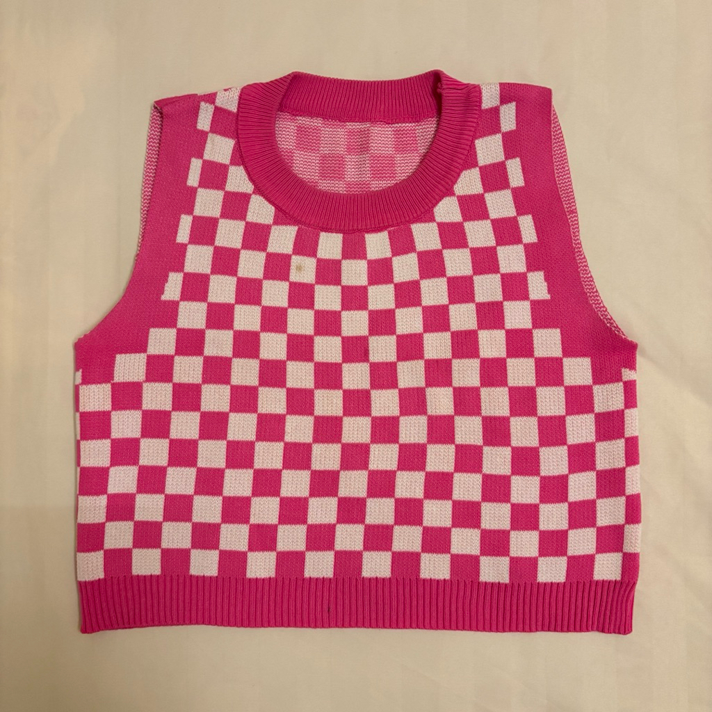 Vest Knit Pink Boxes | Outer Rajut Kotak-kotak Merah Muda | Casual Korean Style | Atasan Rajut Tebal