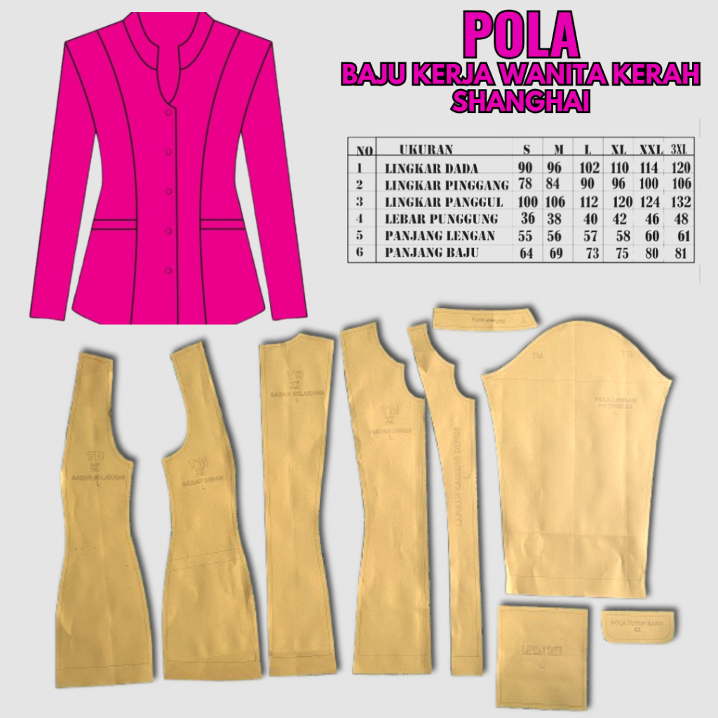 Pola Baju Kerja Wanita PKK Guru Kerah Shanghai Siap Pakai
