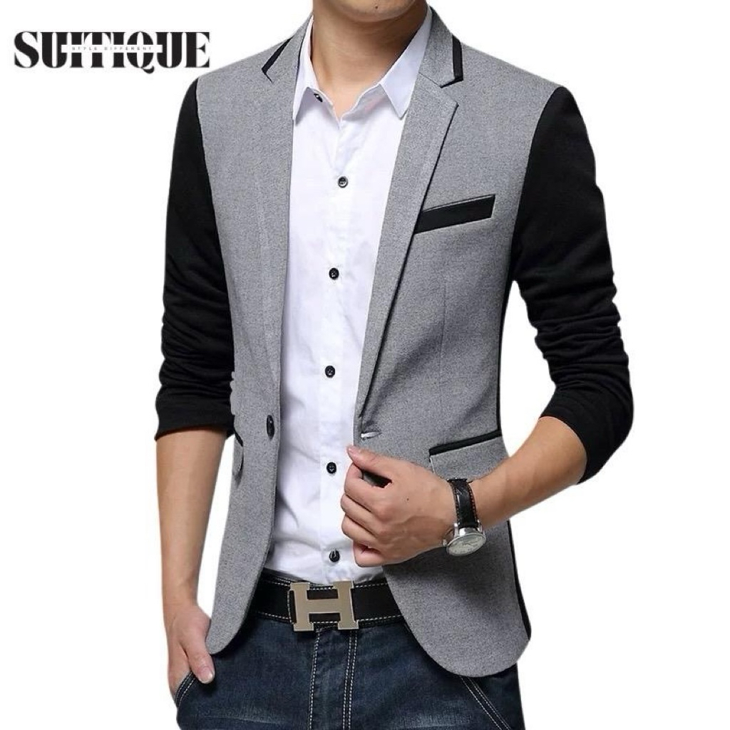 Suitique ID – Blazer Pria Slim Fit Grey Black | Jas Formal Casual Modern Elegan dan Two Tone | Outfi