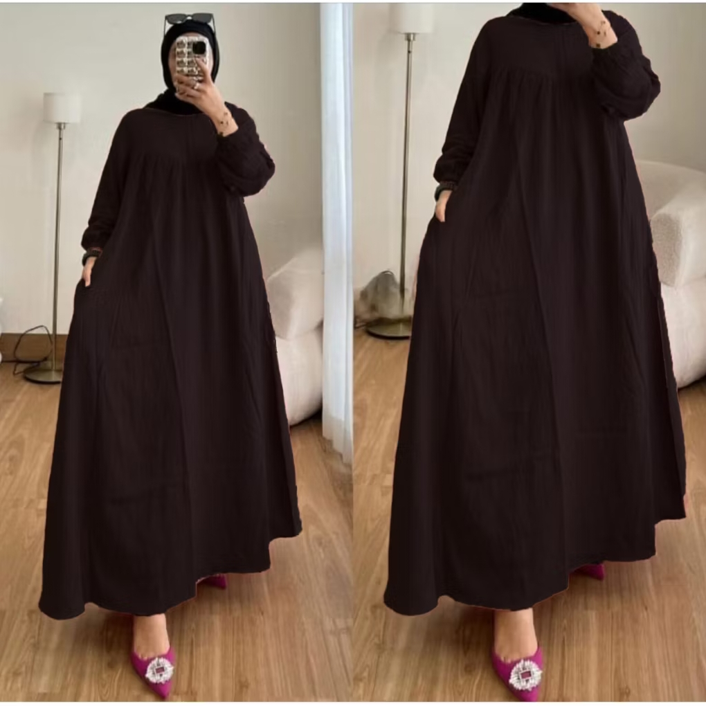 (Langsung Kirim) Gamis Warna Ungu Terong Burgundy Lebar Mayung Crinkle Airflow Jumbo Kekinian 2025