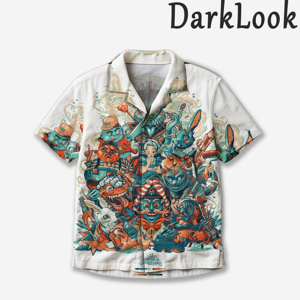 DARKLOOK Kemeja Pria Wonderland – Kemeja Pria Motif Alice in Wonderland, Desain Kartun Fantasi Bahan