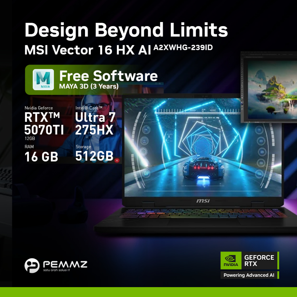 Paket Laptop 3D Desainer MSI Vector 16 HX AI A2XWHG 239ID GeForce RTX™ 5070Ti 12GB 100% DCI-P3