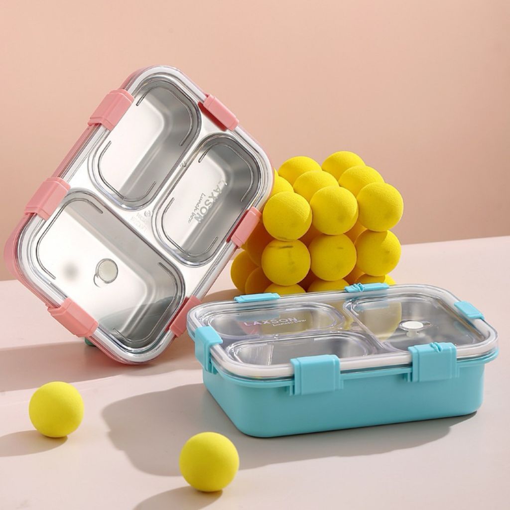 Kotak Makan Stainless Steel 304 3 Sekat | Kotak Makan Transparant Anak Sekolah dan Kerja | Lunch Box