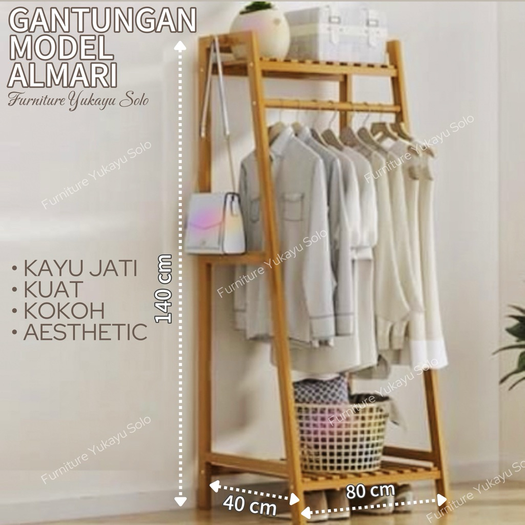 GANTUNGAN BAJU MODEL ALMARI / RAK BAJU / RAK SUSUN SERBAGUNA / RAK DISPLAY / STAND HANGER KAYU JATI 