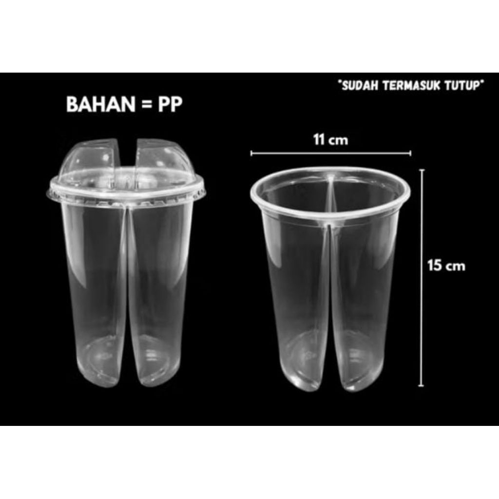 Gelas Plastik Kembar Gelas Twin  CUP 32 OZ + TUTUP / GELAS PLASTIK SEKAT 2