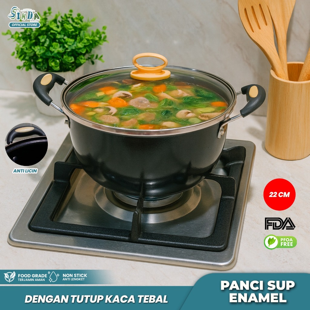 Sinda Panci Sup Enamel Tutup Kaca Anti Lengket / Soup Pot Panci Susu Enamel