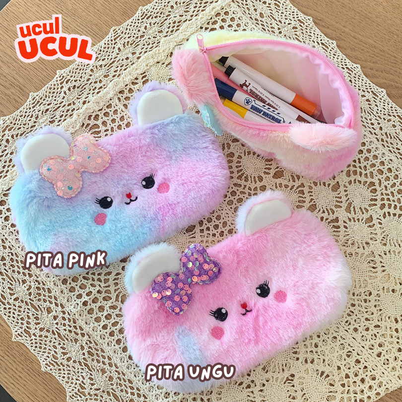 [UCUL UCUL] Tempat Pensil Kucing Rainbow Pita Sequin Kotak Pensil Boneka Bulu