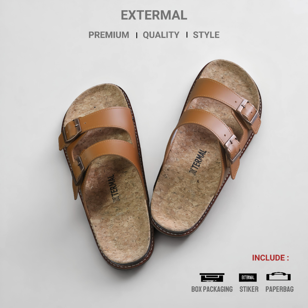 Extermal andal Pria Wanita Cowok Cewek Simpel Formal Casual Slide Coklat Kulit Sintetis Shaka Ukuran