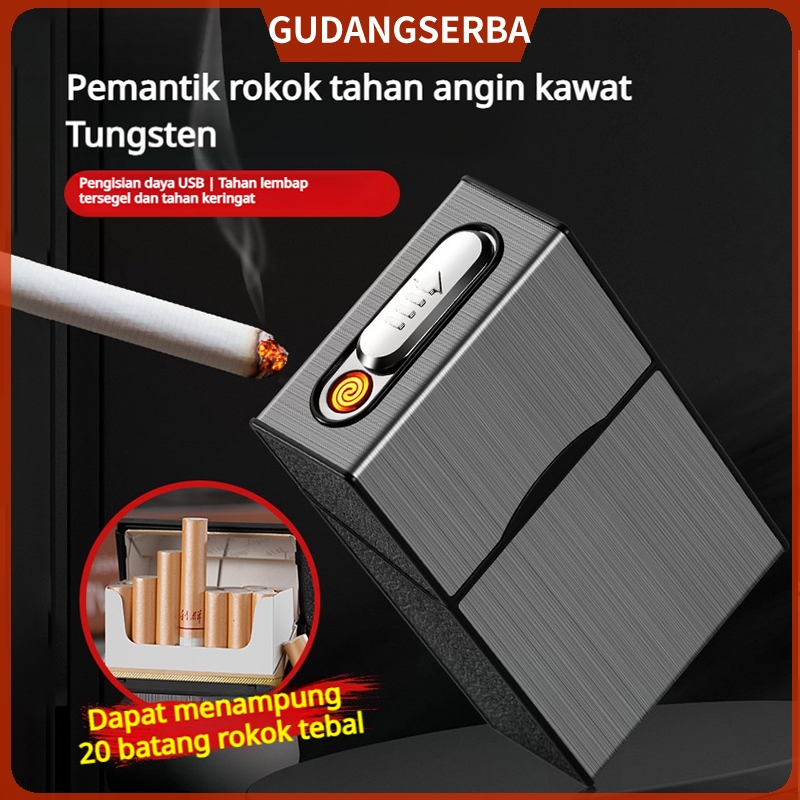 Kotak rokok logam dengan pemantik rokok terintegrasi, kotak rokok pengisi daya USB untuk seluruh bun