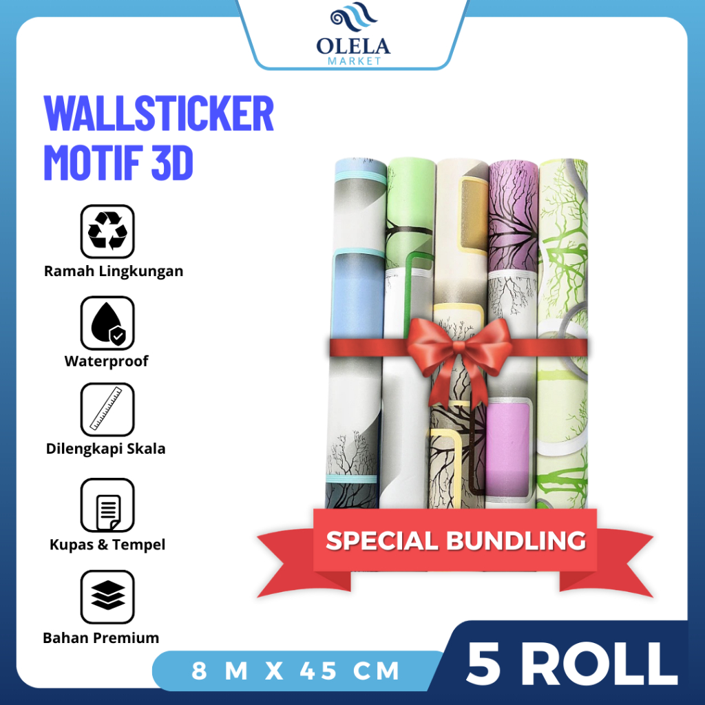SPECIAL BUNDLING  PAKET HEMAT 5 ROLL WALLPAPER STICKER DINDING RUANGAN UK 10M X 45 CM MOTIF 3D