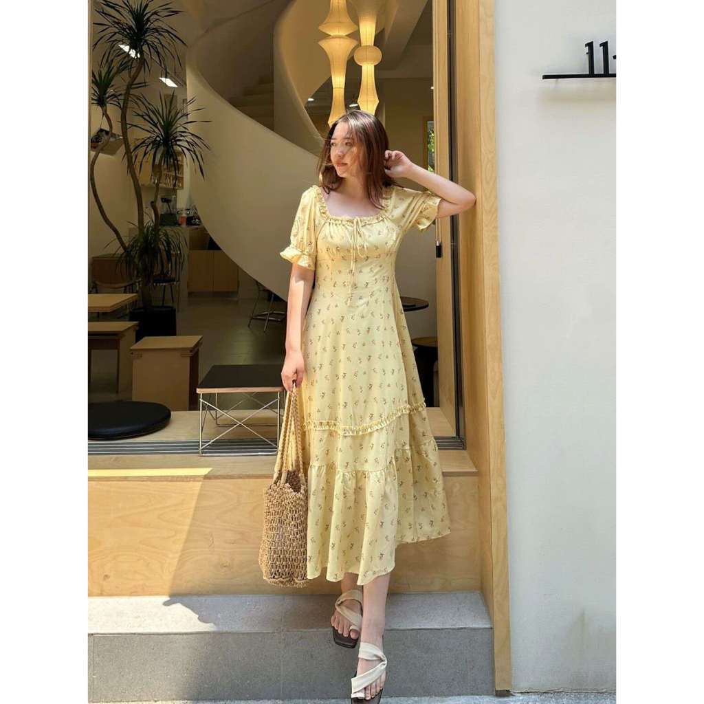 Dress Panjang Bunga Kuning Lengan Pendek Model Korea Size Besar