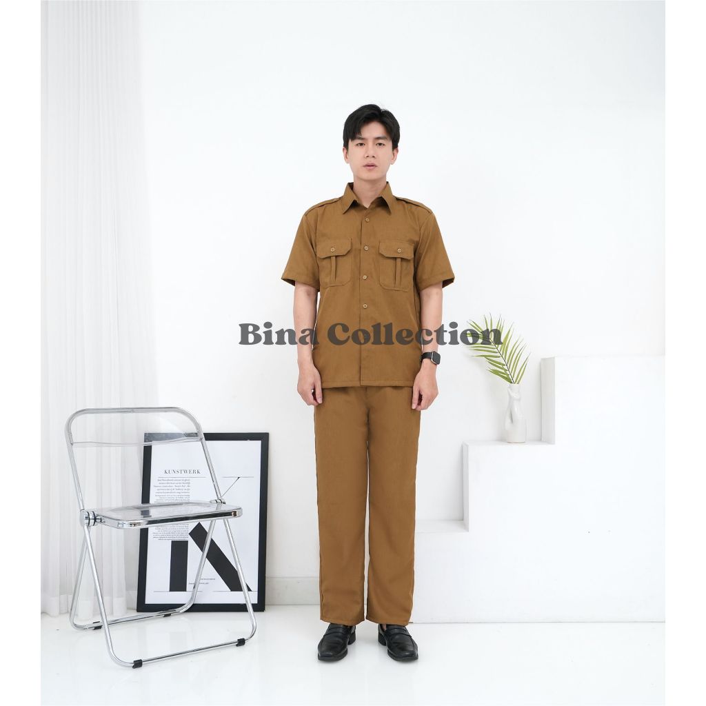 Seragam PNS Pemda Khaki Pria Lengan Pendek Seragam ASN Khaki Baju PDH Khaki Baju Guru Khaki Pria