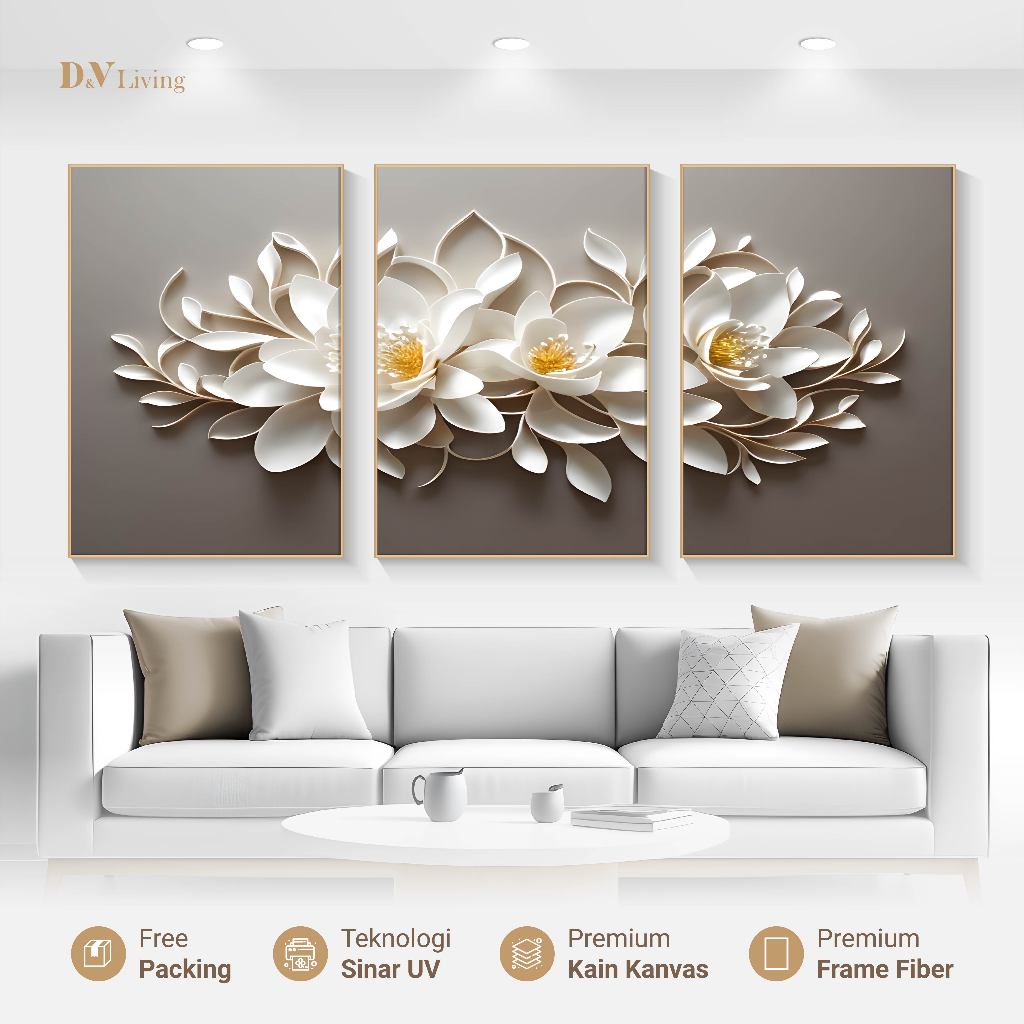 DVLIVING Set 3 PCS Hiasan Dinding Ruang Tamu (80×57, 40×57, 30×40) – Lukisan Canvas Bunga Lotus 3D M