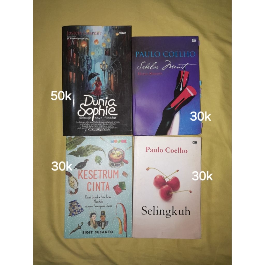 Preloved Buku Novel Dunia Sophie (Jostein Gaarder), Sebelas Menit (Paulo Coelho), Selingkuh (Paulo C