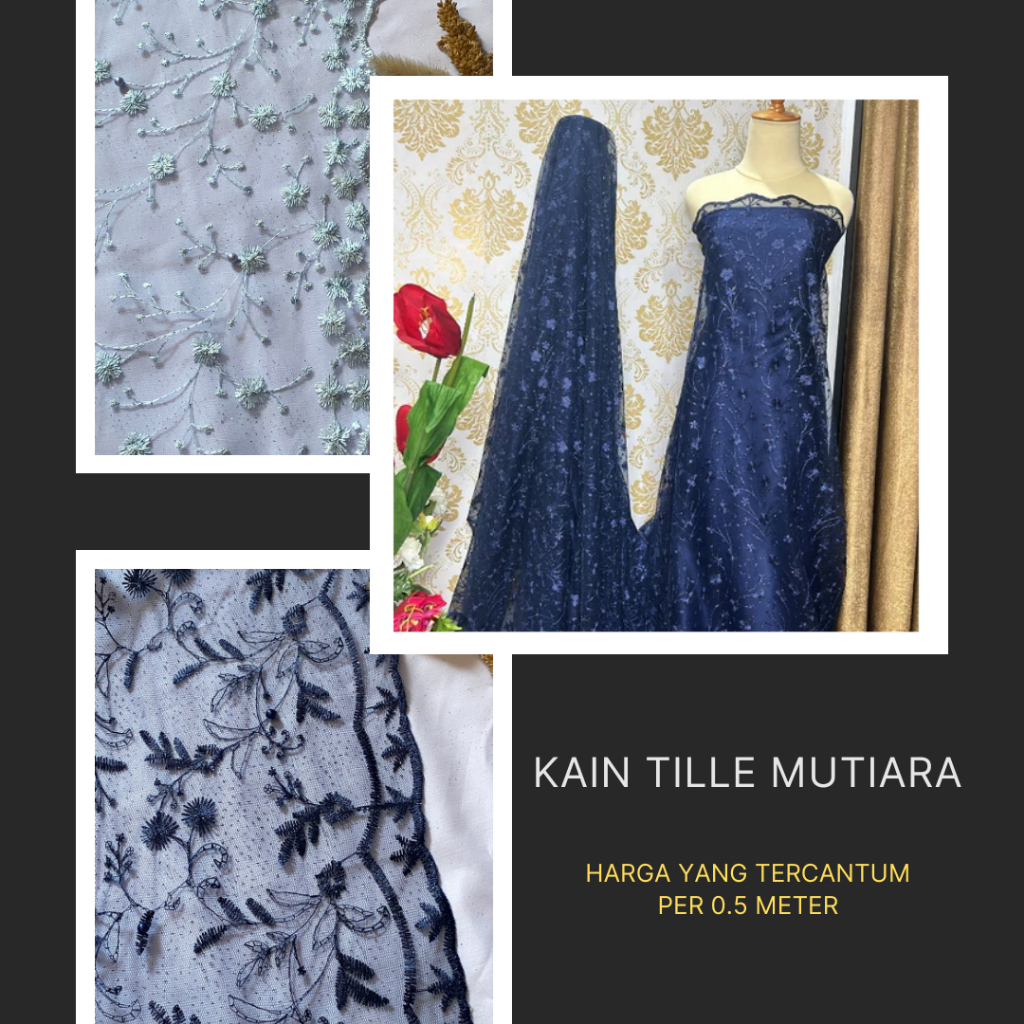 Kain Tile Gliter Mutiara Meteran Motif Akar Padi Bunga Mewah Bahan Brokat Kebaya Bordir Premium