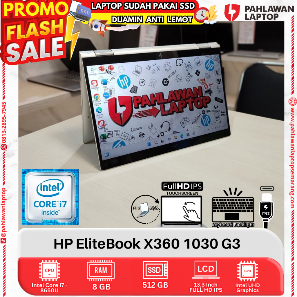 LAPTOP HP EliteBook X360 1030 G3 CORE i7 GEN 8 RAM 8GB SSD 512GB FLIP TOUCHSCREEN